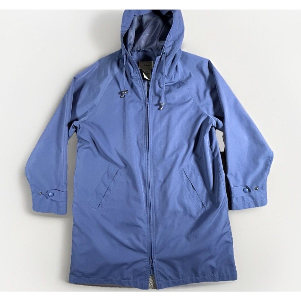90s VTG LL Bean Women Trench Raincoat Medium Petite Blue Full Hooded